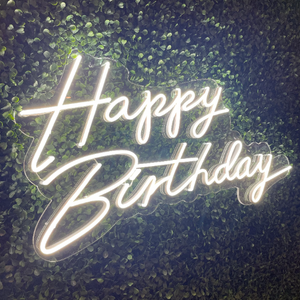 Small Happy Birthday Neon Sign Rental - White